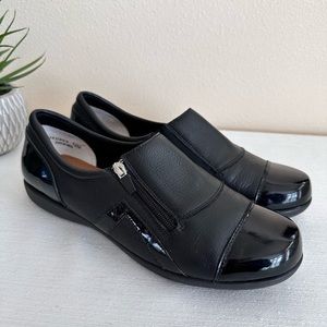 Ros Hommerson Black Peep Toe Patent Leather Zip Comfort Loafers Women’s 12M